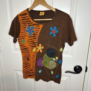 Y2K Karma Circle USA Brown Multicolor Patchwork Textured Floral T-Shirt Sz M